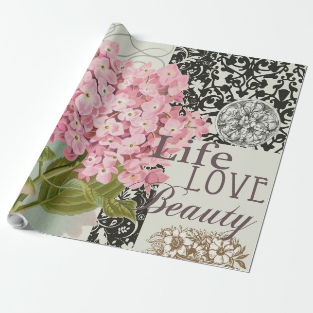 Papel De Presente Colagem de Hortênsia Rosa Chic Arte de Damasco Vin (Desenrolado)