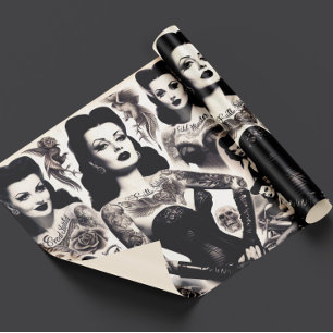 Papel De Presente Colagem de Mulher Gótica Tatuada Vintage