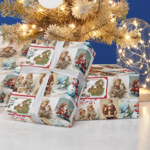 Papel De Presente Colagem de Natal Vintage com Papai Noel e Crianças