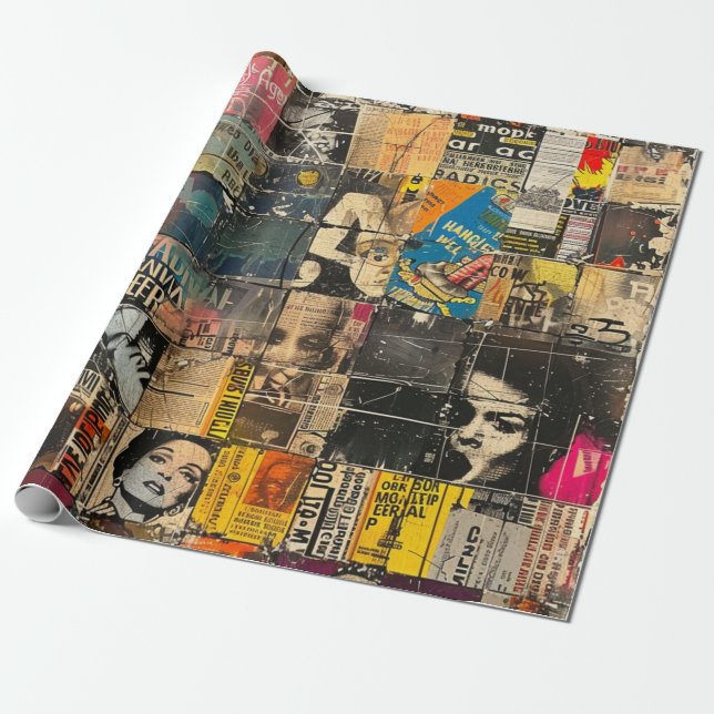 Papel De Presente Colagem de Rock Punk Preto e Branco em Grade (Desenrolado)