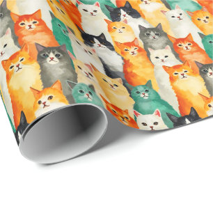 Papel De Presente Colagem do Padrão de Gatos de Aquarela