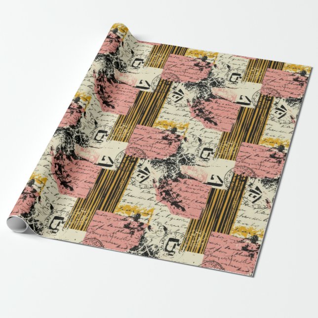 Papel De Presente Colagem Grunge Vintage Magenta Mostarda Preto Crem (Desenrolado)