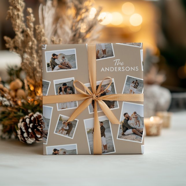 Papel De Presente Colagem Moderna da Família Multifoto Marrom (Criador carregado)