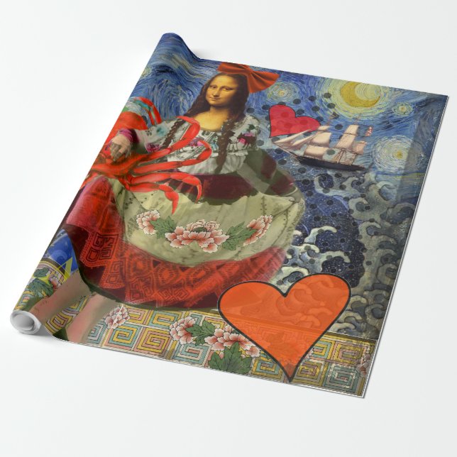 Papel De Presente Colagem Noite Estrelada da Mona Lisa: Surrealismo  (Desenrolado)