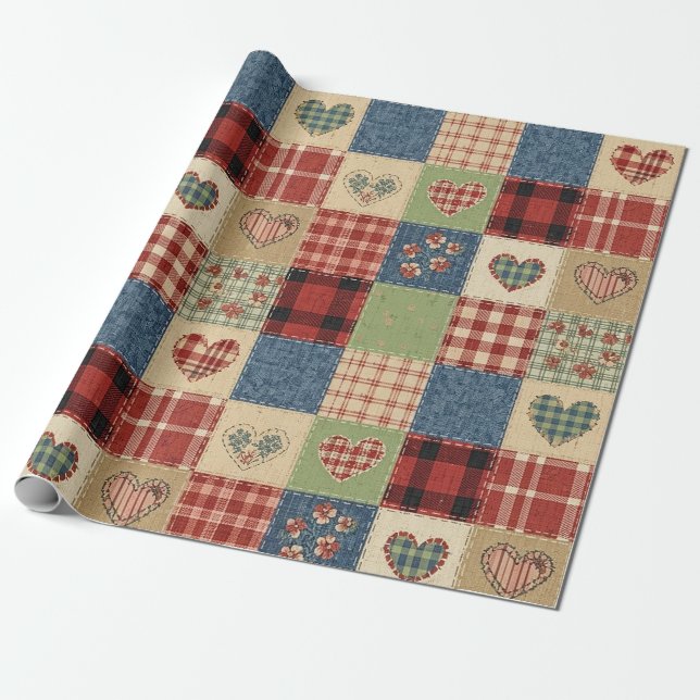 Papel De Presente Colcha de Campo Coração Remendo Vermelho Azul (Desenrolado)