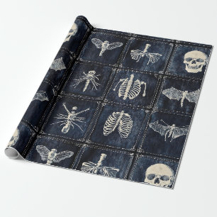 Papel De Presente Colcha de Denim com Caveiras e Insetos
