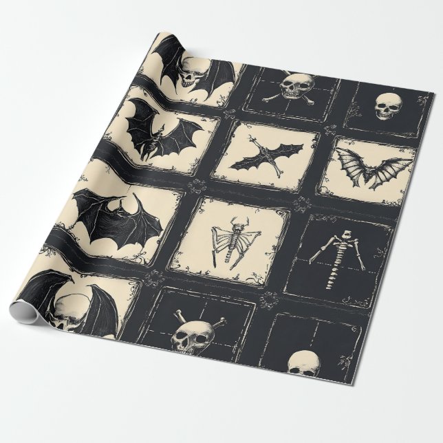 Papel De Presente Colcha de jeans com morcegos e esqueletos (Desenrolado)