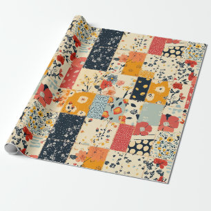 Papel De Presente Colcha de retalhos florais vibrantes em tons quent