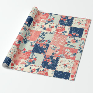 Papel De Presente Colcha Floral Cottage Pastel em Índigo e Pêssego
