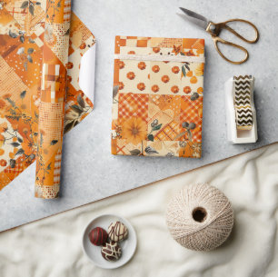 Papel De Presente Colcha Floral Xadrez Laranja Cottagecore