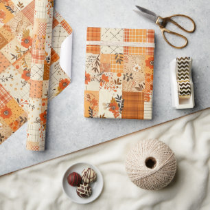 Papel De Presente Colcha Floral Xadrez Laranja Cottagecore