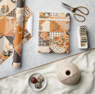 Papel De Presente Colcha Floral Xadrez Laranja Cottagecore