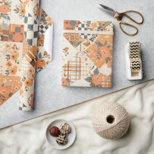 Papel De Presente Colcha Floral Xadrez Laranja Cottagecore
