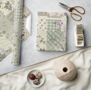 Papel De Presente Colcha Lilás Verde Pastel Xadrez Patchwork