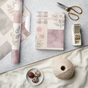 Papel De Presente Colcha Patchwork Roxo Pastel Fazenda Moderna 