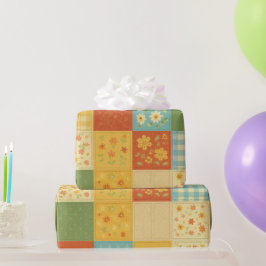 Papel De Presente Colcha Remendada Amarela Casa de Campo Floral Rúst