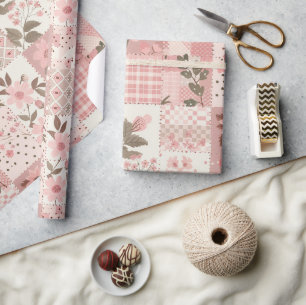 Papel De Presente Colcha Rosa Xadrez Cottagecore Floral