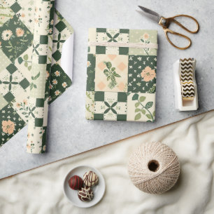 Papel De Presente Colcha Verde Patchwork Antigo Xadrez Geométrico