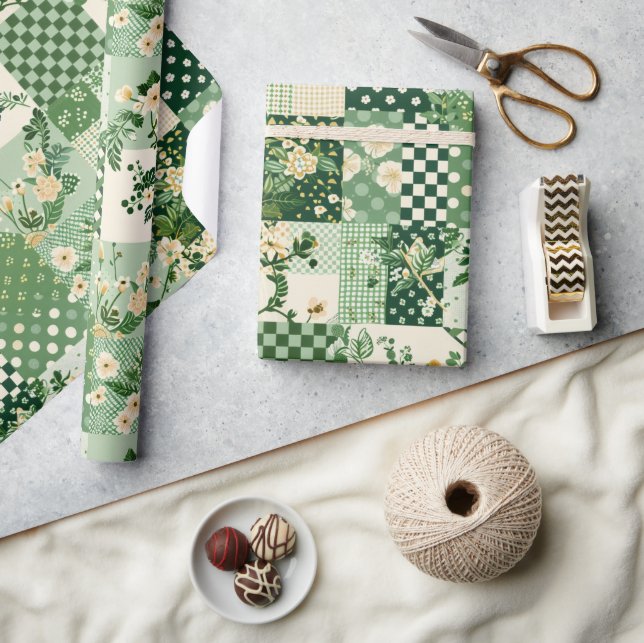 Papel De Presente Colcha Verde Patchwork Antigo Xadrez Geométrico (Artesanato)