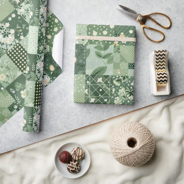Papel De Presente Colcha Verde Patchwork Antigo Xadrez Geométrico (Artesanato)