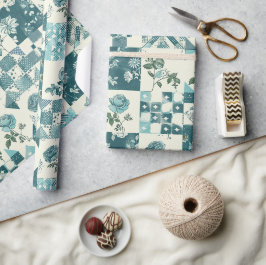 Papel De Presente Colcha Xadrez Azul Turquesa Floral Cottagecore