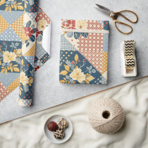 Papel De Presente Colcha Xadrez Floral Cottagecore Azul Amarelo Verm