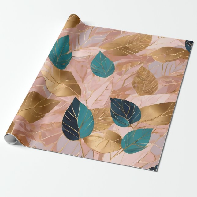 Papel De Presente Coleção de Folhas Douradas de Boho Rosa Moderno (Desenrolado)