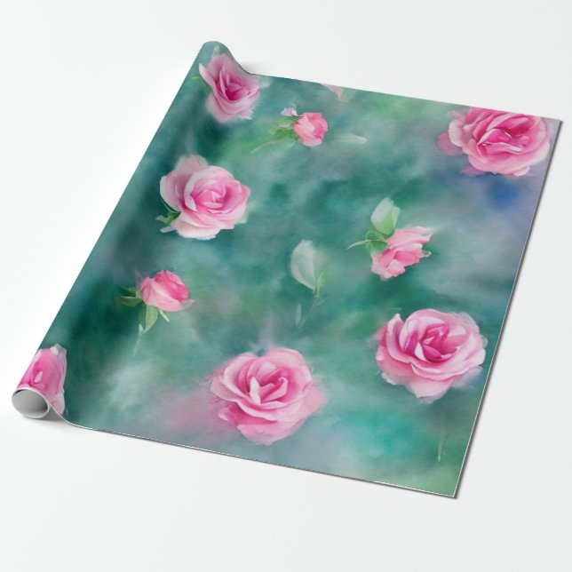 Papel De Presente Coleção de Rosas Rosa de Linda Aquarela Popular (Desenrolado)