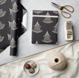 Papel De Presente Coleção Meia-Noite Árvores Prateadas em Preto