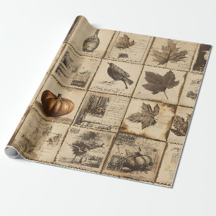 Papel De Presente Colheita Antiga Abóbora Folha de Bordo Sépia