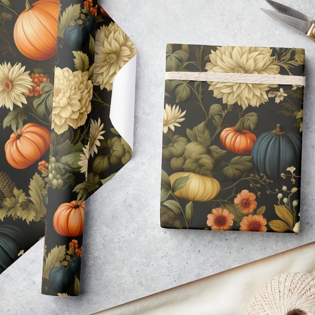 Papel De Presente Colheita Clássica Pumpkin e Florais Pretos (Criador carregado)