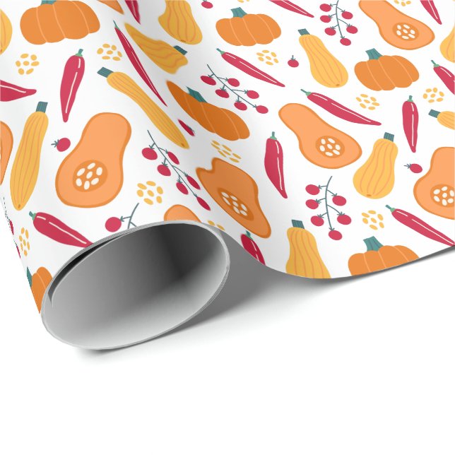 Papel De Presente Colheita de Padrão Vegetal Laranja e Vermelho (Ponta do rolo)