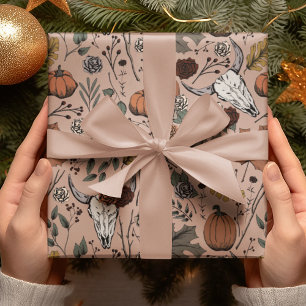 Papel De Presente Colheita de Rosa Gótica Elegante e crânios de vaca
