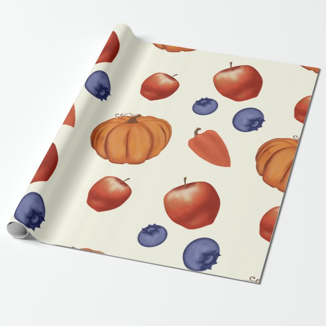 Papel De Presente Colher abóbora e pimenta, frutas e maçãs.  (Desenrolado)