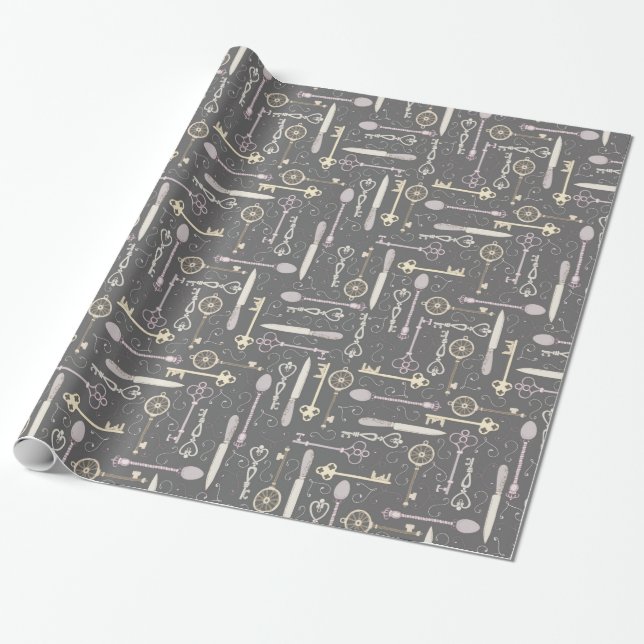 Papel De Presente Colheres e Chaves Antigas Rosa em Cinza (Desenrolado)