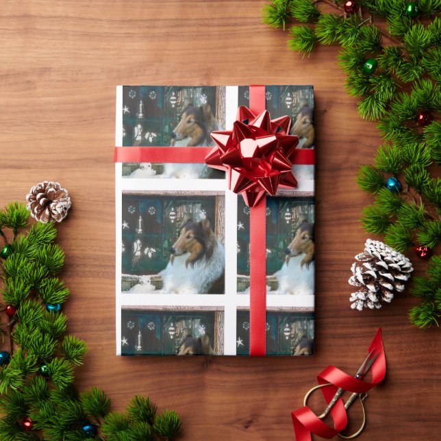 Papel De Presente Collie de Natal na Janela (Presente de Natal)