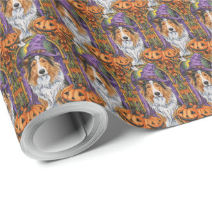 Papel De Presente Collie Dog Halloween Pumpkin