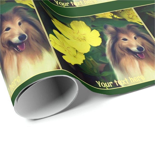 Papel De Presente Collie Sable E Flores Amarelas Personalizadas (Ponta do rolo)
