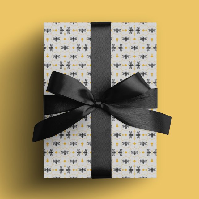 Papel De Presente Colmeia-de-Verão Amarelo-de-Abelhas-Modernas (Modern Bee Yellow Honeycomb Cute Summer Beehive Wrapping Paper)
