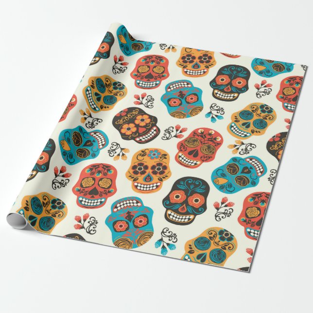 Papel De Presente Colorfu retro-floral padrão de crânios de açúcar (Desenrolado)