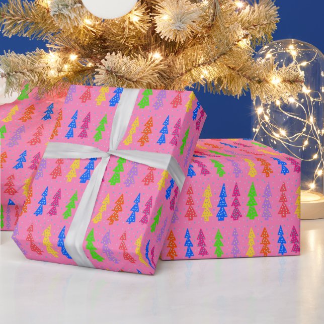 Papel De Presente Colorful Christmas Tree Pop Art Pink (Feriados)
