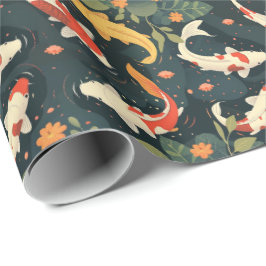 Papel De Presente Colorful Koi and Lily Pads on Charcoal Blue Gift