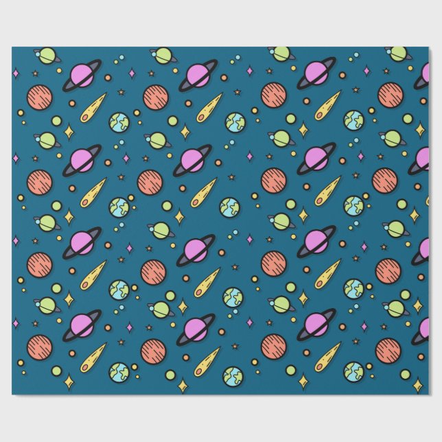 Papel De Presente Colorful Space Doodle Wrapping Paper | Planets (Aberto)