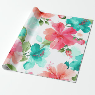 Papel De Presente Colorido Hibisco Tropical Havaiano Floral de Praia