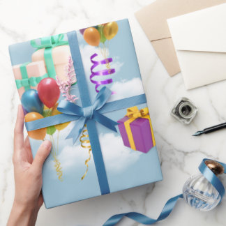 Papel De Presente Colorido Padrão de Balões e Presentes de Aniversár
