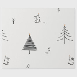 PAPEL DE PRESENTE COM DESENHO DE COELHO E ÁRVORE D