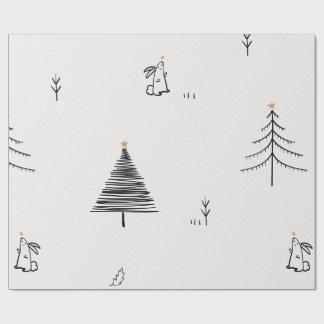 PAPEL DE PRESENTE COM DESENHO DE COELHO E ÁRVORE D