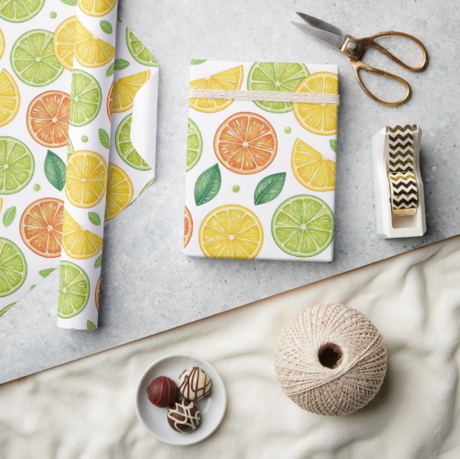 Papel de Presente com Fatias de Citrinos Vibrantes (Artesanato)