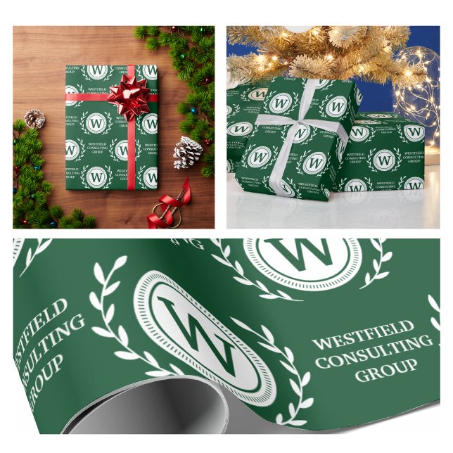 Papel de Presente com Monograma Elegante Profissio (business elegant monogram wrapping paper holiday green festive christmas party best promotional work)