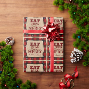 Papel De Presente Coma, Beba e Alegre-se Natal Xadrez Vermelho Rústi